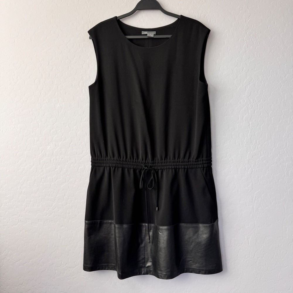 Vince Large Dress Black Sleeveless Leather Hem Drawstring Waist Crepe Shift